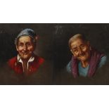Paar Portraits ältere, verschmitzt lächelnde Frau mit violettem Tuch und älterer, Pfeife