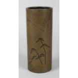 Bronzevase Japan Mitte 20. Jh., ungemarkt, Bronze silbertauschiert, zylindrischer Korpus mit