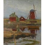 Max Landschreiber, "Die Windmühle" Holländerwindmühle und Fischerkaten am Wasser, in weiter ebener