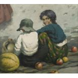 R. Jelinek, Straßenszene junge rassige Frau der Sinti und Roma neben einem Kind, umgeben von Äpfeln,