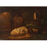 H. Wolff, "Kühe im Stall" Rind mit seinem Kalb, im Stall auf Stroh liegend, leicht pastose