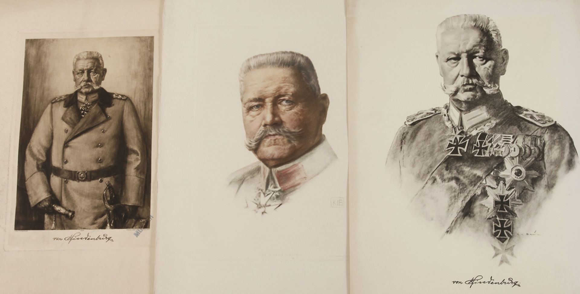 Drei Portraits Hindenburg um 1925, jeweils Chromolithographien Druck Franz Hanfstaengl München,
