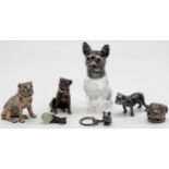 7 figures pug? Partly with silver. Also salt shaker, pillbox.