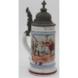 Jug with tin lid and lithophane bottom. Souvenir of Hamburg 1897.