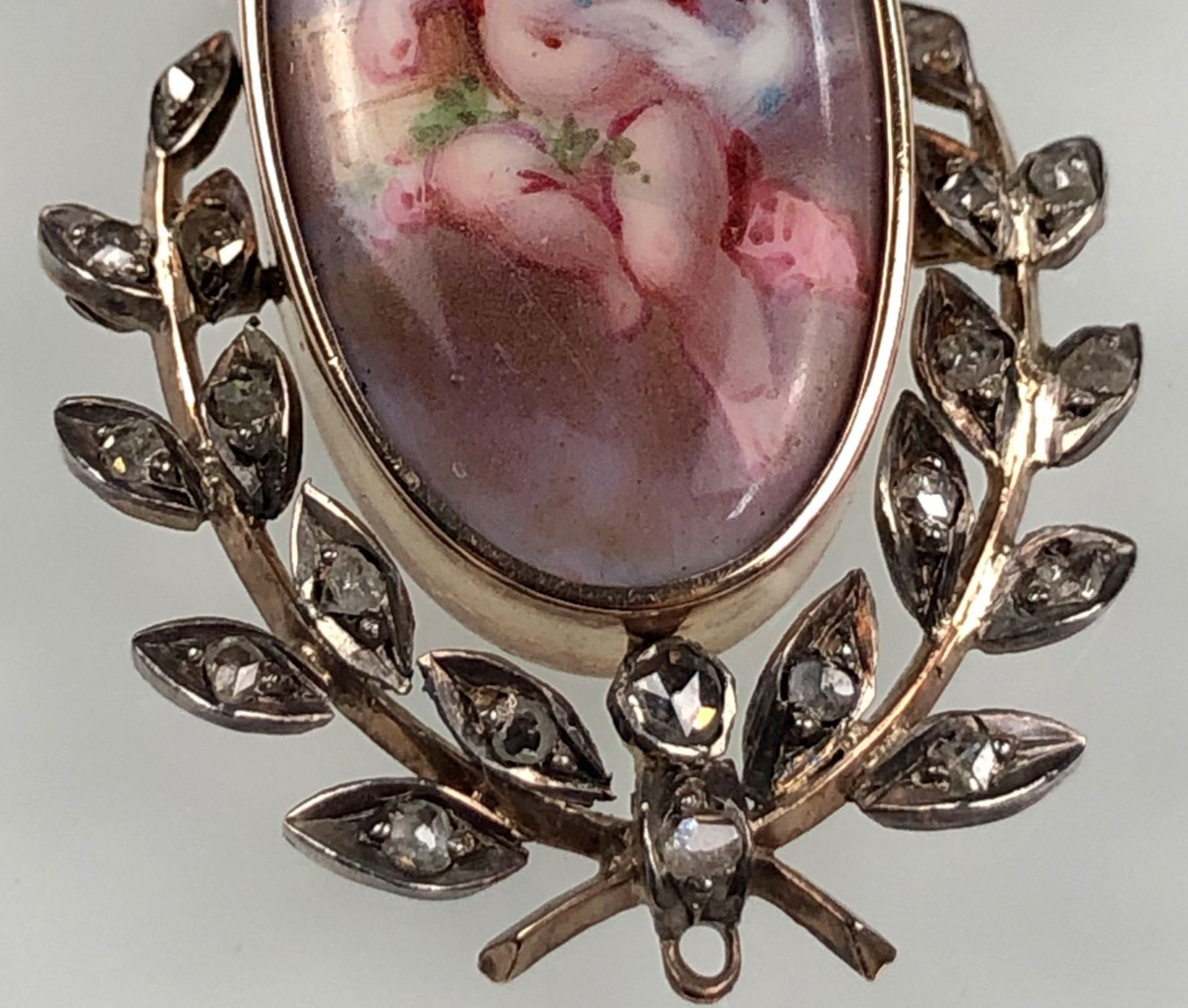 Pendant with porcelain painting in a gold frame with diamonds. - Image 6 of 8