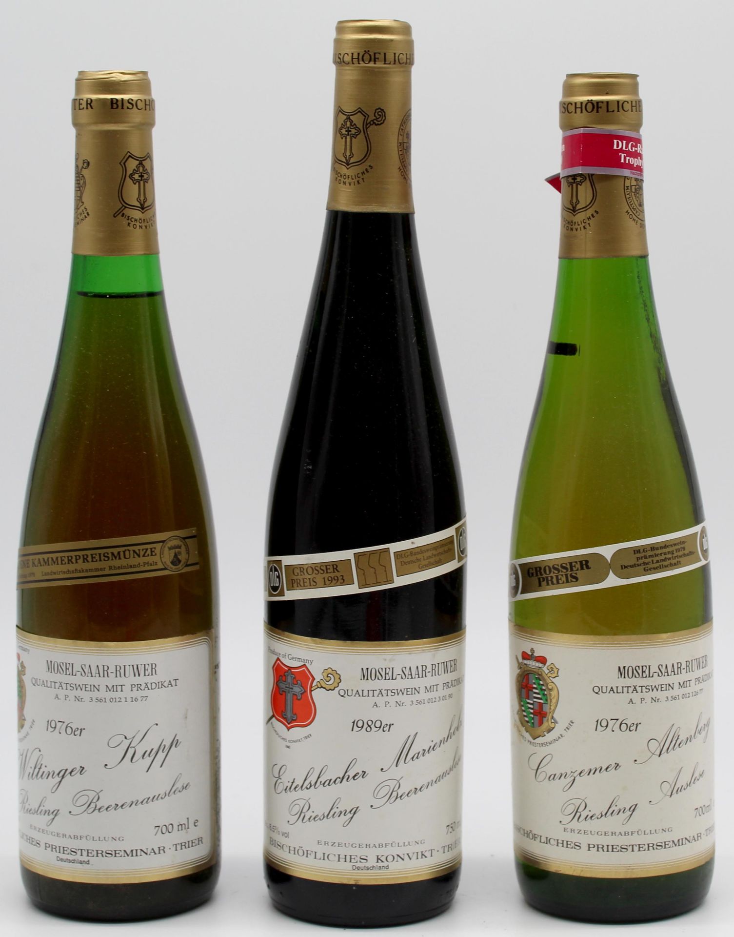 Bischöflich Trier. 3 whole bottles of Riesling. White wine. Moselle. Germany.