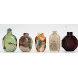 5 snuff bottles, probably glass partially painted. Probably China old.