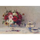 Mark VUKOVIC (1892-1973). Still life. Tea set, water glass, flowers.