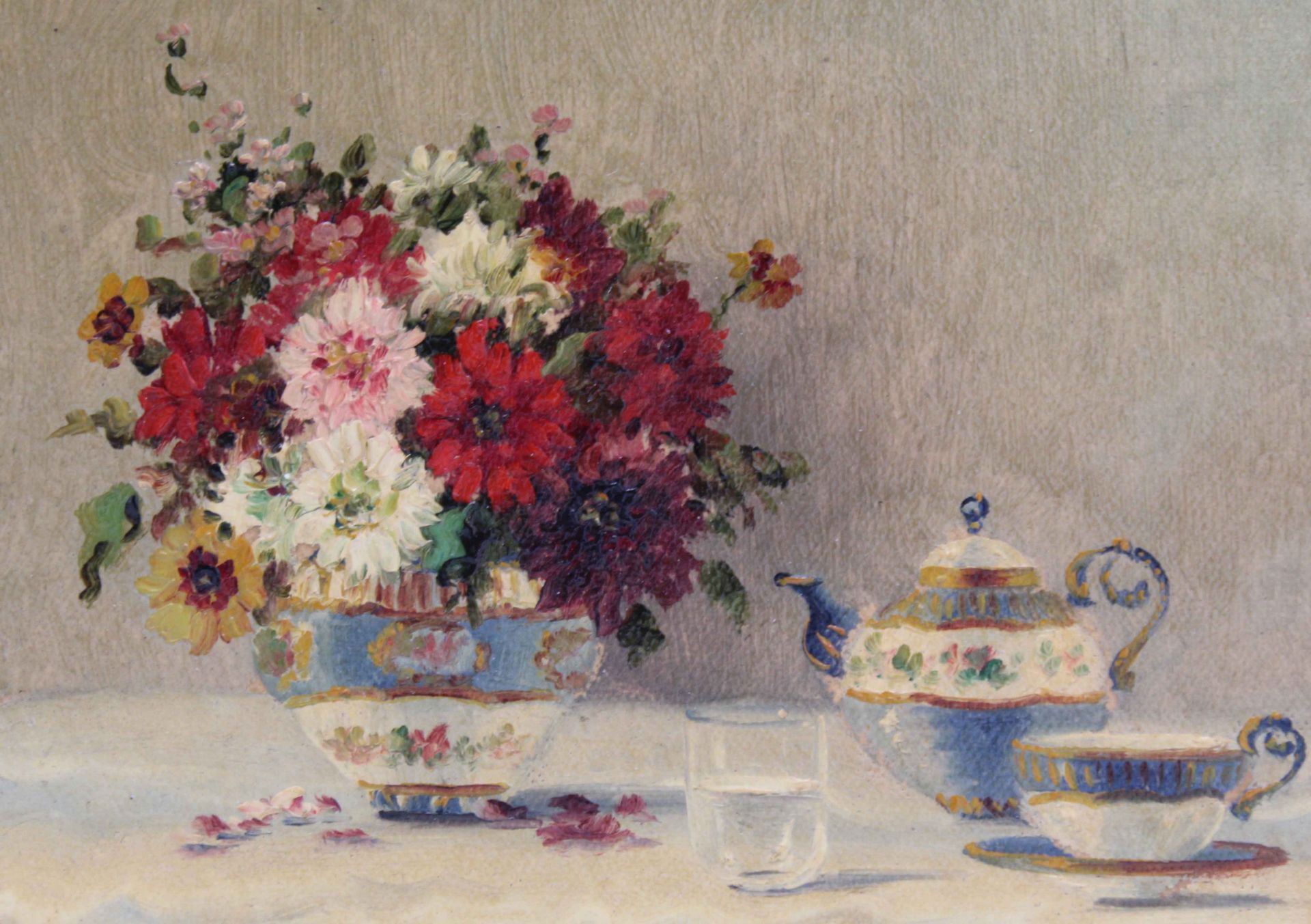 Mark VUKOVIC (1892-1973). Still life. Tea set, water glass, flowers.