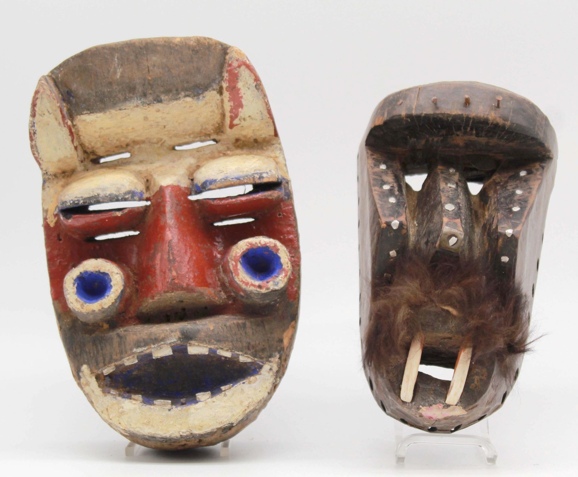 2 masks. Probably West Africa. Also Gaegon, Liberia, Ivory Coast?