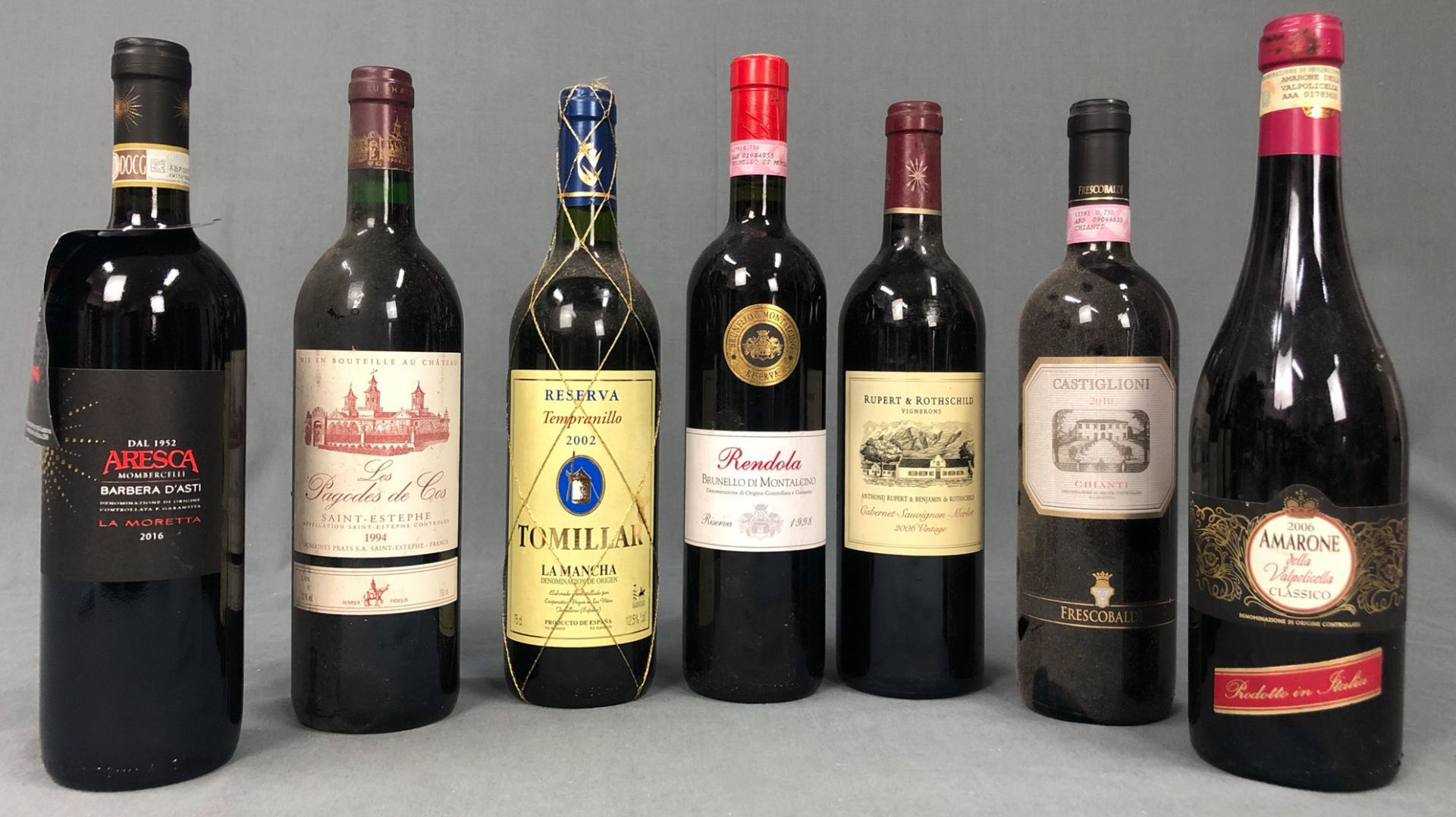 7 whole bottles of red wine 0.75 L. Also Italy, France, South Africa.
