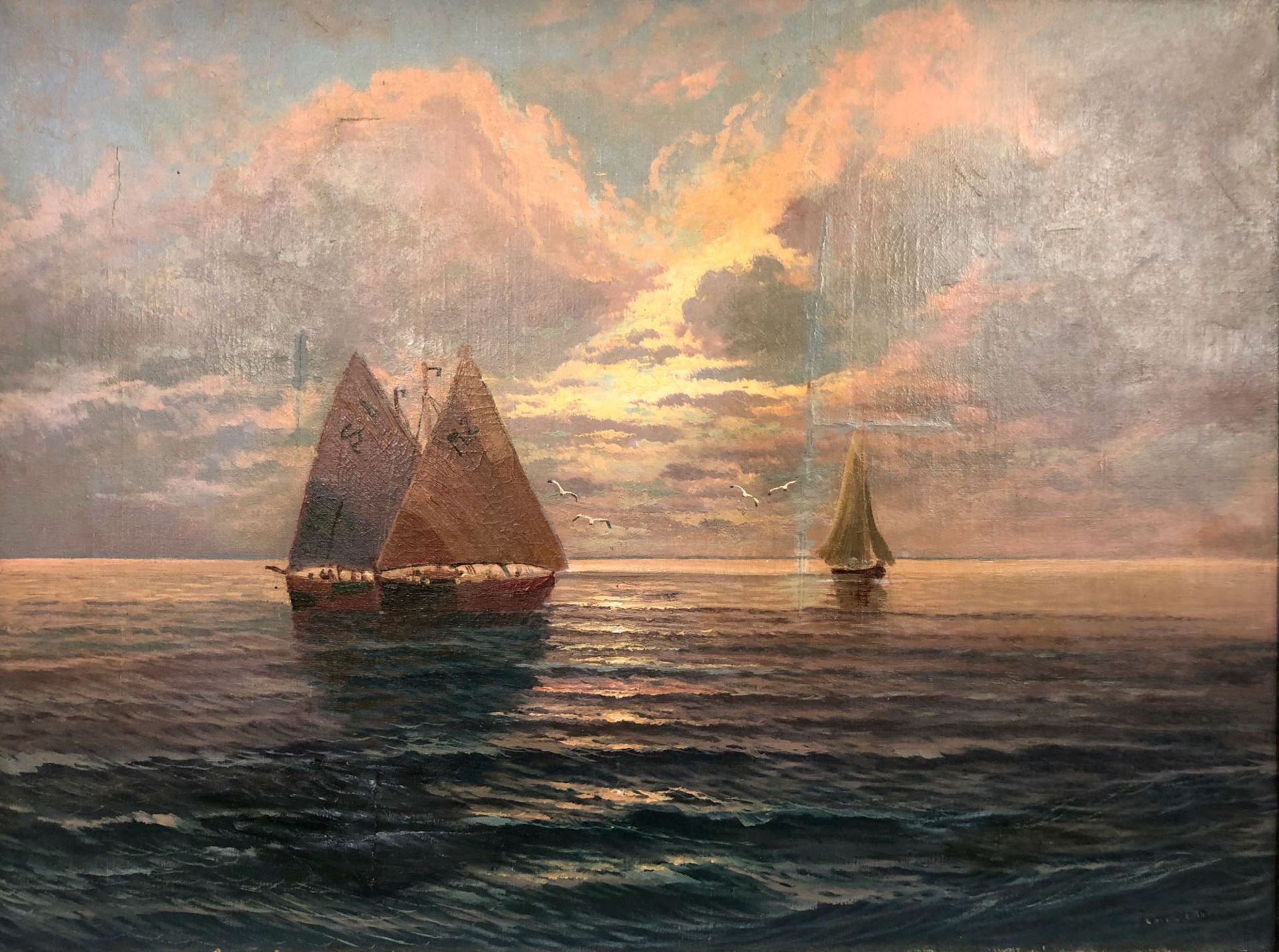 Arthur TOMSON (1858-1905). Sailing ships in the sunset.