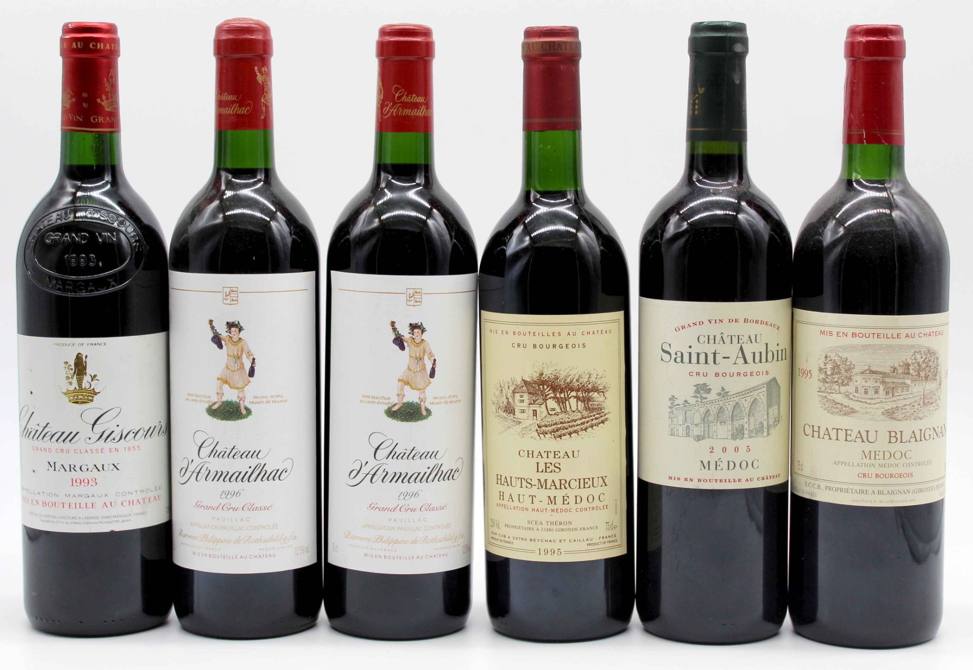 6 whole bottles of Bordeaux red wine, France.