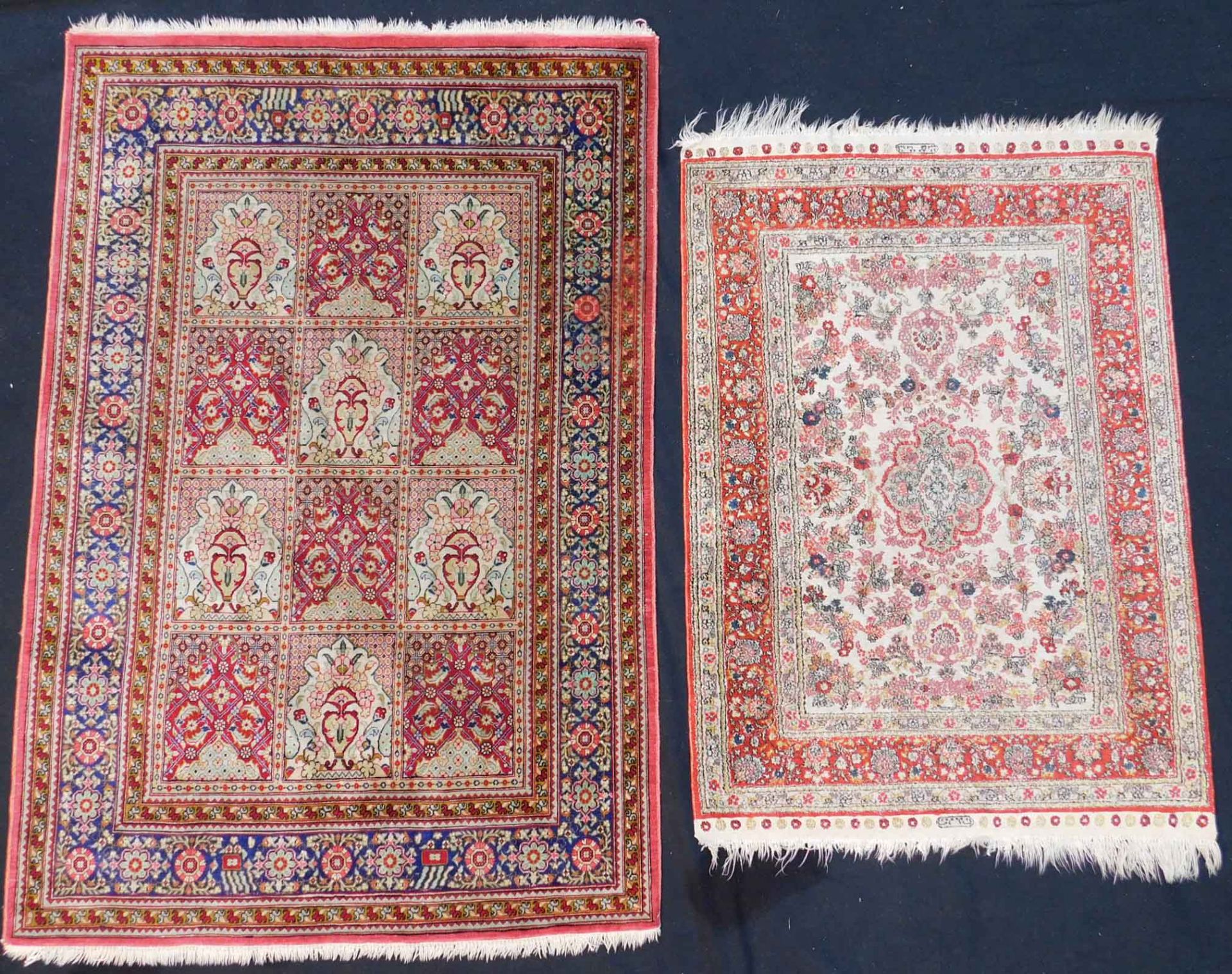Two carpets. Silk. Extremely fine weave. Hand knotted. Silk on silk.