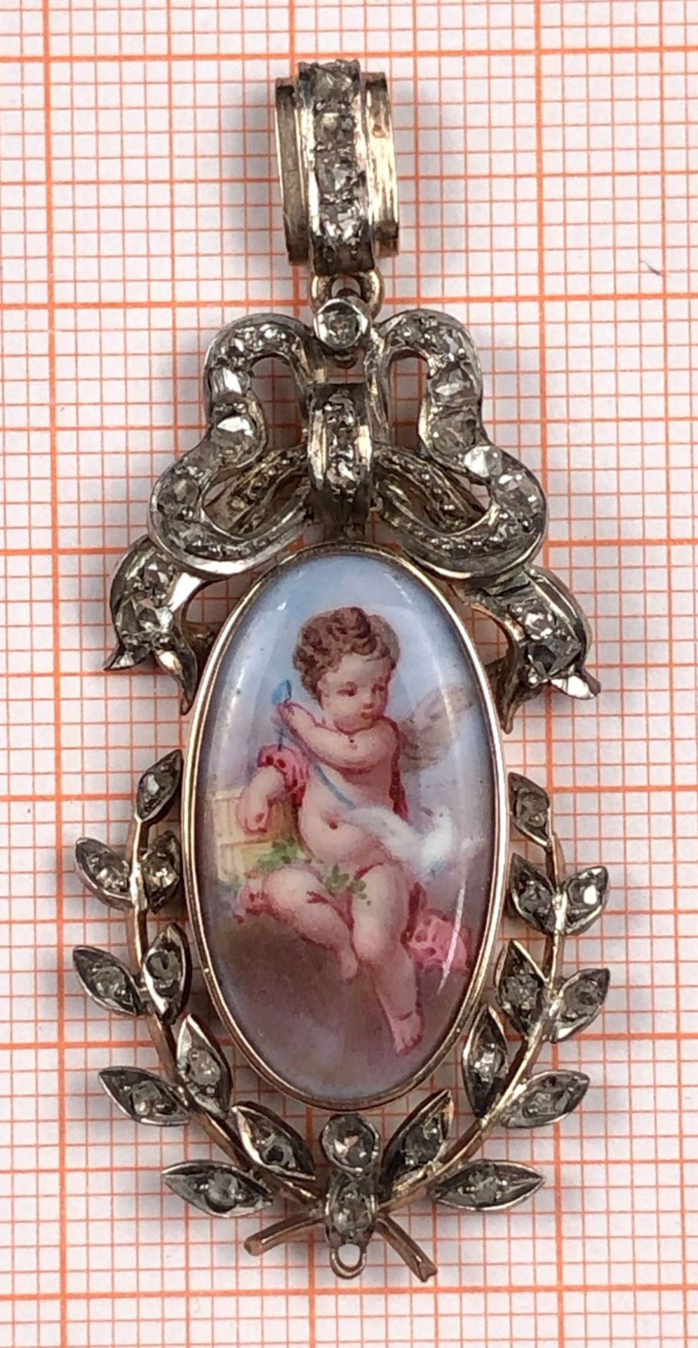 Pendant with porcelain painting in a gold frame with diamonds. - Image 2 of 8