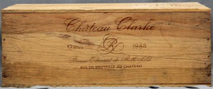 1988 Chateau Clarke, Listrac-Medoc, France. One box, 12 whole bottles.