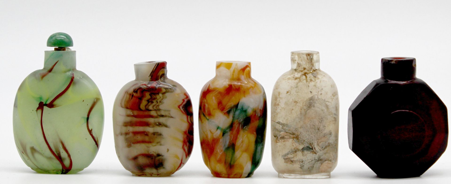 5 snuff bottles, probably glass partially painted. Probably China old. - Image 2 of 8