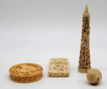 3 carved objects, probably ivory 18th / 19th century.
