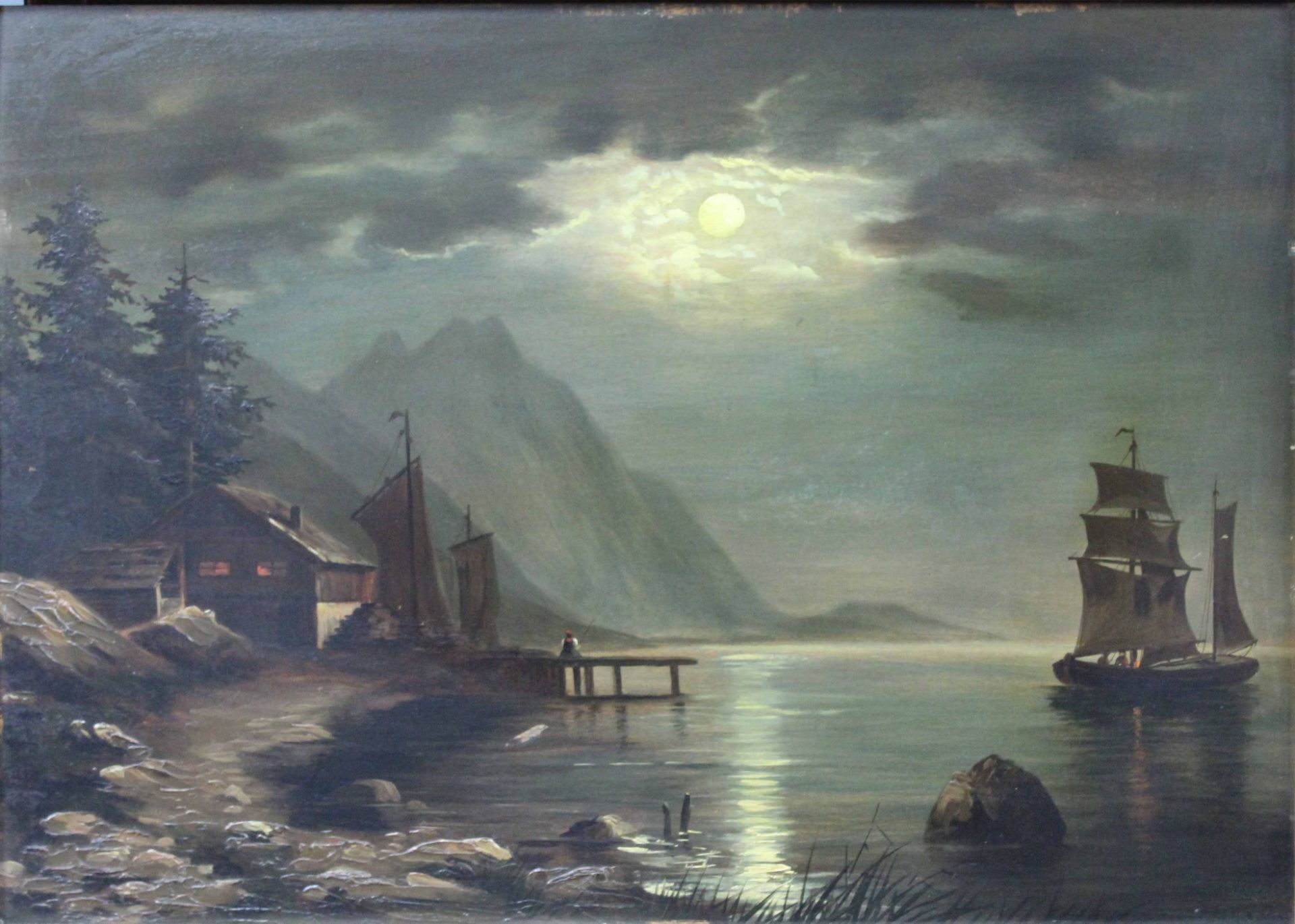 UNSIGNED (XIX). Nocturno. Fjord, mountain lake with sailing boats.