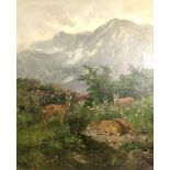 Josef SCHMITZBERGER (1851 - c.1936). Roebuck with three doe in the Alps.