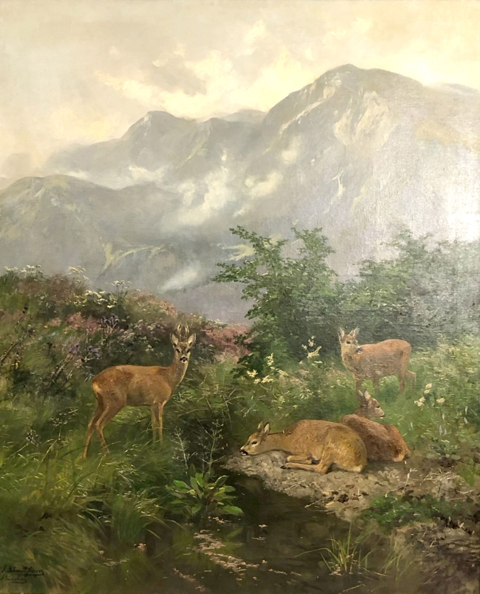 Josef SCHMITZBERGER (1851 - c.1936). Roebuck with three doe in the Alps.