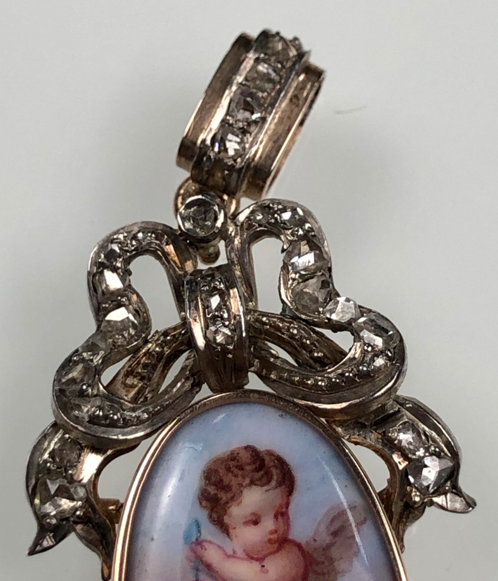 Pendant with porcelain painting in a gold frame with diamonds. - Image 7 of 8