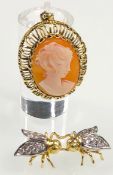 2 pendants. Bees with diamonds. Gem, portrait of a Lady.