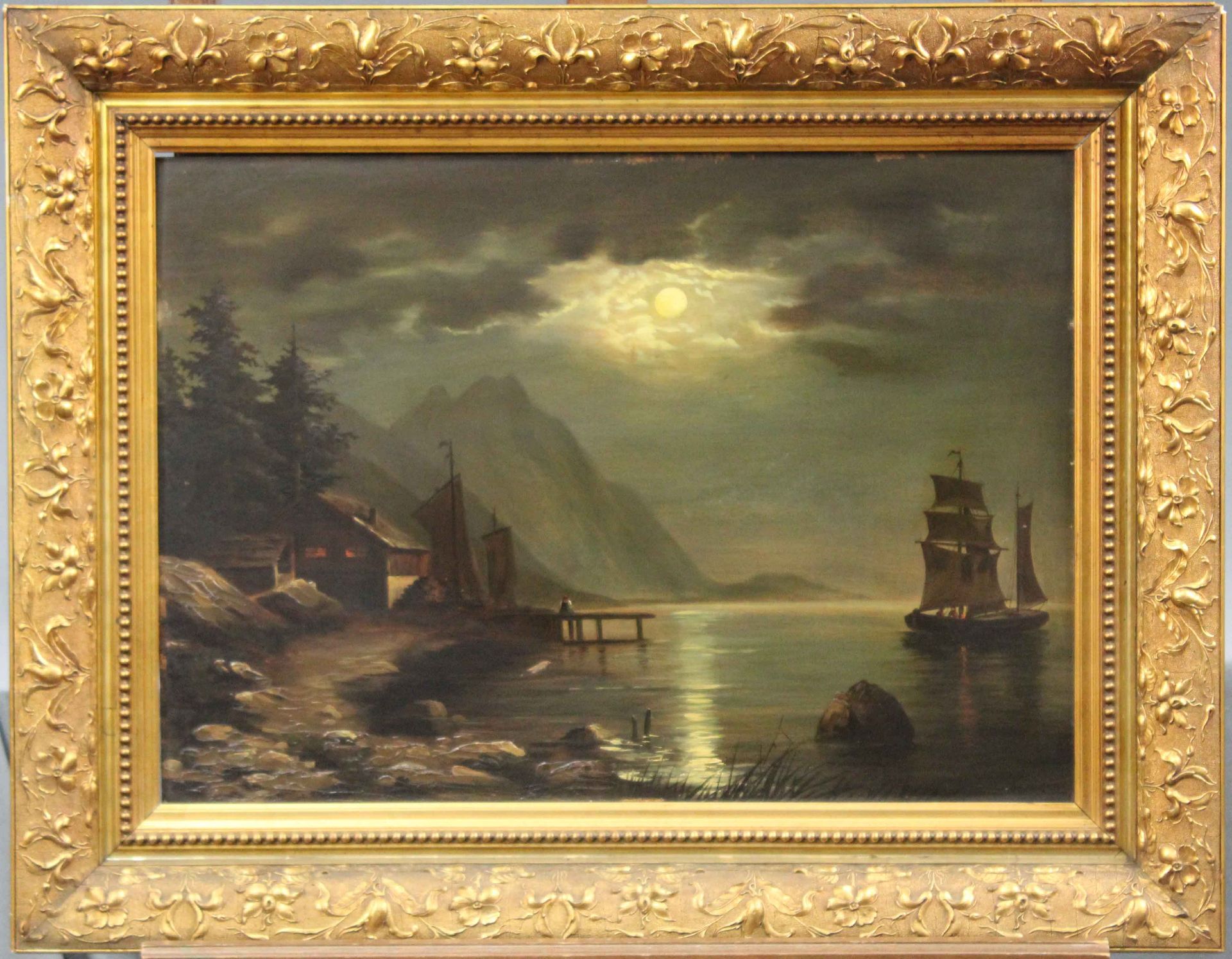 UNSIGNED (XIX). Nocturno. Fjord, mountain lake with sailing boats. - Image 4 of 12