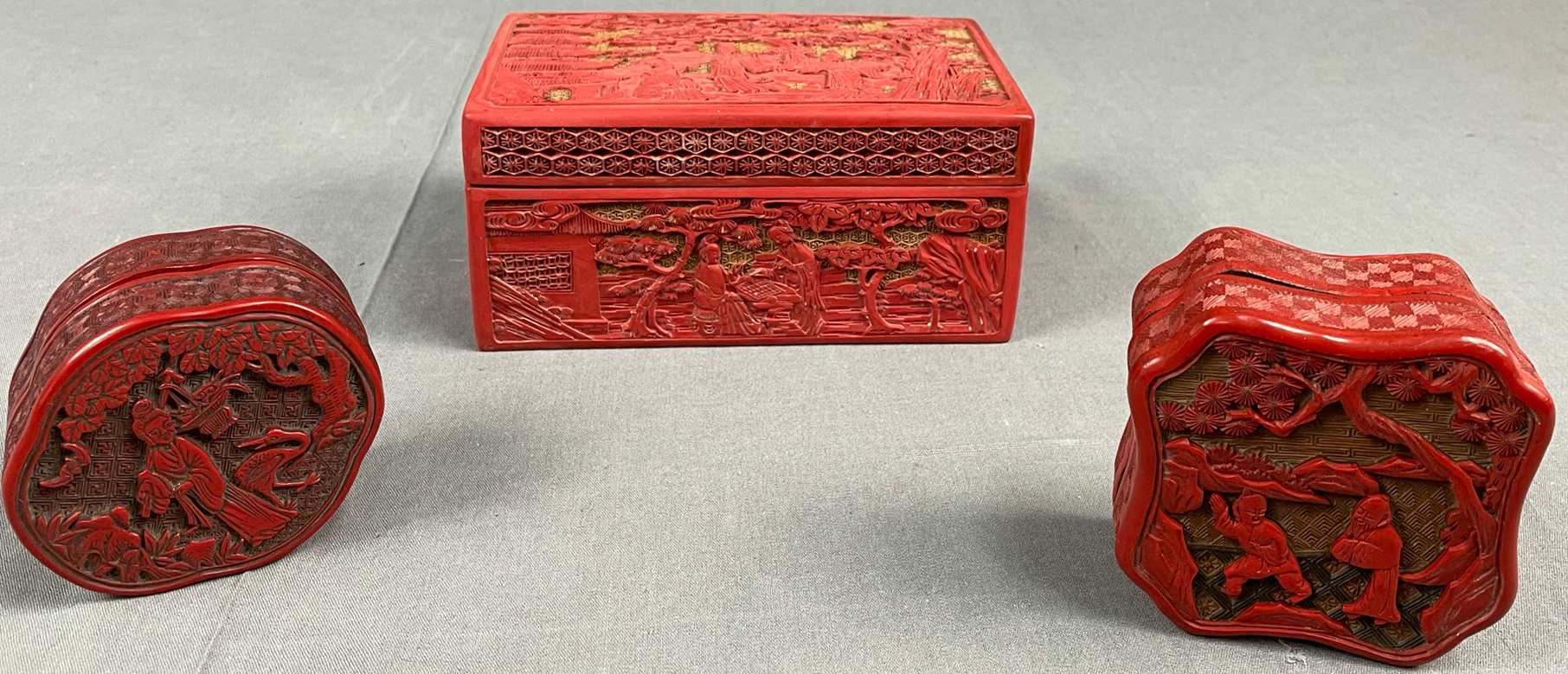 3 Schachteln. Wohl Rotlack China antik.