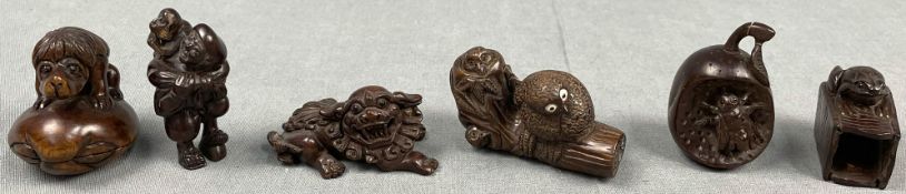 6 Netsuke, Figuren. Hartholz geschnitzt. Teils signiert?