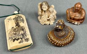 3 Netsuke. 1 x Marke? Signiert? Ein Inro. Wohl Japan antik.