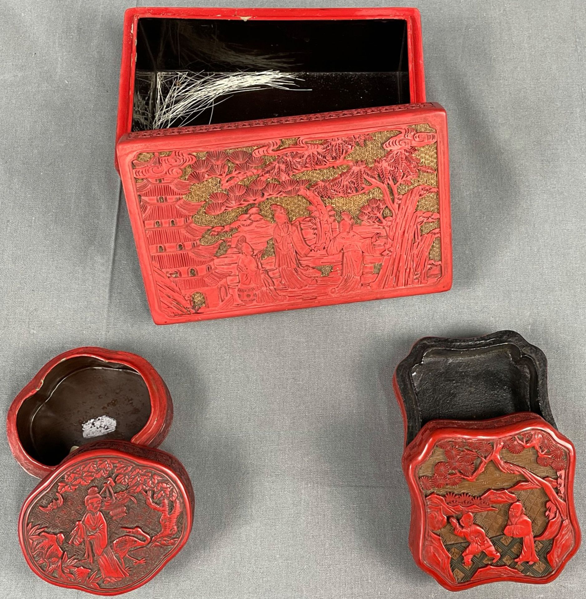 3 Schachteln. Wohl Rotlack China antik. - Image 10 of 12