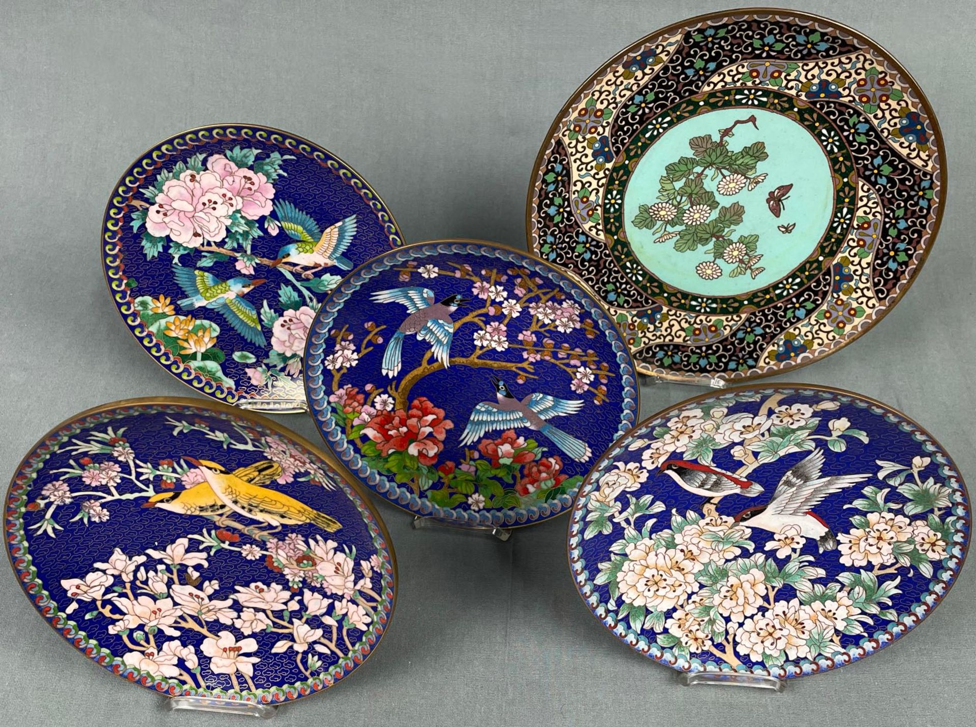 5 Cloisonne Teller. Wohl Japan alt / antik.