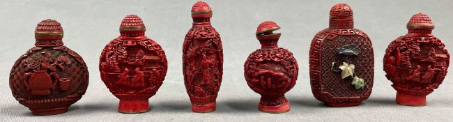 6 Snuff Bottles. Wohl China, Rotlack, antik. Teilweise Marken.