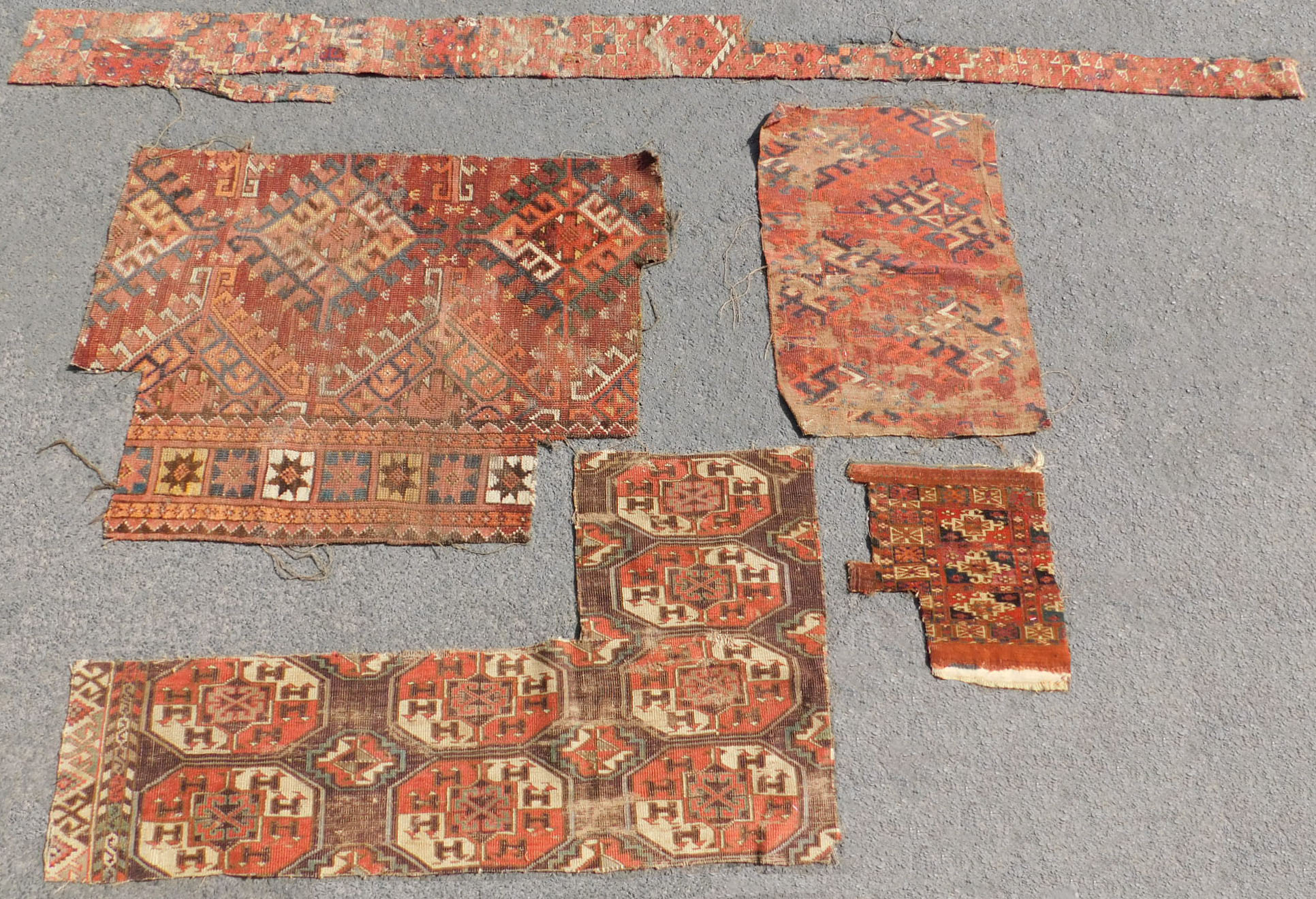 Studiensammlung. 5 Turkmenen Stammesteppich Fragmente. Antik.
