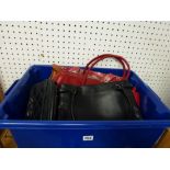 A box of handbags including a black leather Gucci bag, a red leather Tod's bag, Kath Kidson bags,
