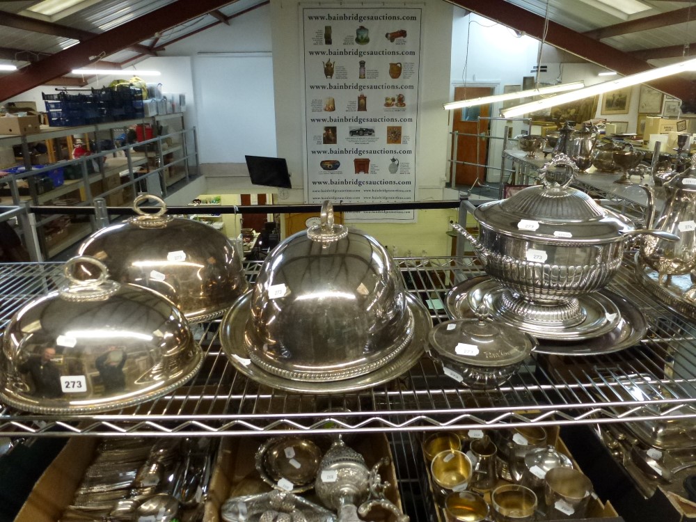 A quantity of silver-plated catering items, comprising three Prince's Plate meat domes, a soup