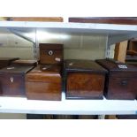 A collection of 18 vintage and antique wooden boxes, including tea chests and caddies, a