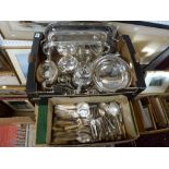 Two cartons of silver-plated items, including trays, Mappin Plate basket, American teapot, a tea