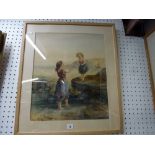 Drummond, a 19th century watercolour of a young woman and a girl by a rock pool, signed and dated
