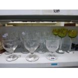 14 drinking glasses, including Victorian and later rummers, a set of four acid-etched and gilt