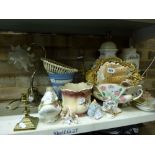 A chrome table lamp and shade, three lace ballerina figurines, a pair of cherub-style candle