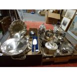 Two cartons of selected silver-plated items, including an EPBM biscuit barrel, Mappin Plate Deco
