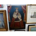 Early primitive Spanish-style oils on canvas of the Madonna and Child (70 x 50 cm), unframed TO