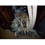 A nautical lot comprising a bronze porthole frame, a bronze pump, a large metal anchor and ropes. [