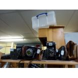 A collection of mainly vintage folding cameras including Ensign Epsilon, Zeiss Ikon Protor, Kodak