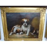 An oils on canvas of a pair of St Bernard pups in a barn (48 x 58 cm), gilt frame TO BID ON THIS LOT