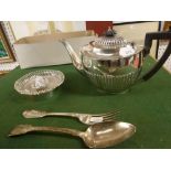 Silver, comprising a Canadian teapot by Birks, English butter dish, napkin ring, Victorian fork, and