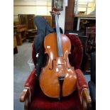 A modern two piece back cello with label inside made in Romania, 125 cm, bridge by Alan Warwick,
