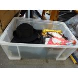 A box of ladies' clothing and accessories including black evening dresses, one Ted Baker, a hat,